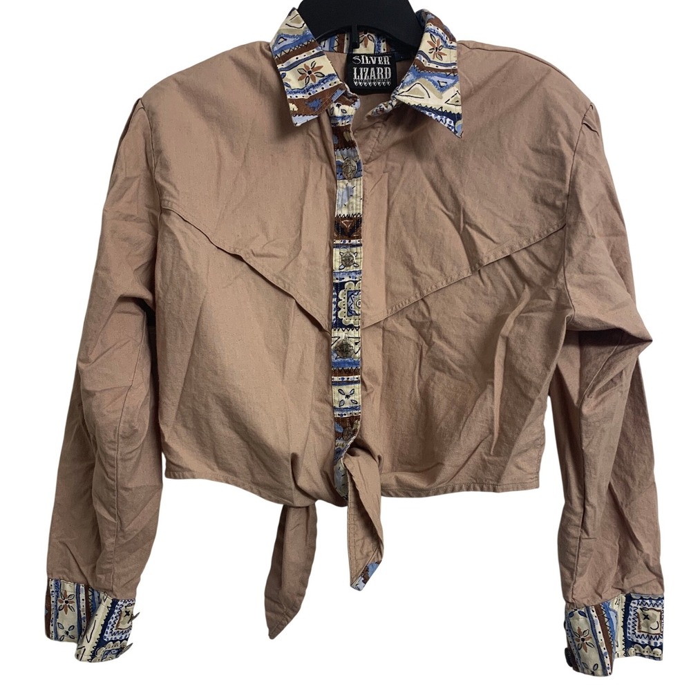 Silver Lizard Western Cropped Tie Front Shirt Tan Southwestern Pattern Size L